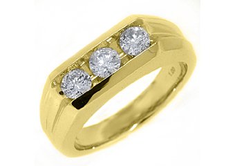 MENS 1 CARAT 3 STONE BRILLIANT ROUND CUT DIAMOND RING WEDDING BAND YELLOW GOLD