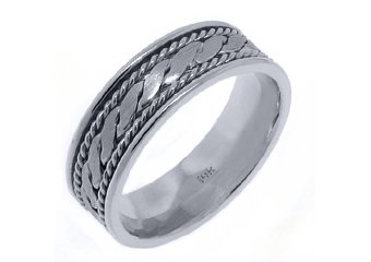MENS WEDDING BAND ENGAGEMENT RING 14KT WHITE GOLD BRAIDED HIGH GLOSS 7mm