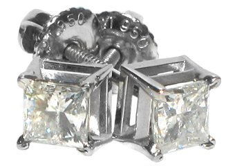 WOMENS 950 PLATINUM SQUARE PRINCESS CUT DIAMOND STUD EARRINGS PAIR