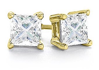1/2 CARAT PRINCESS SQUARE CUT DIAMOND STUD EARRINGS YELLOW GOLD SI2-3 H-I