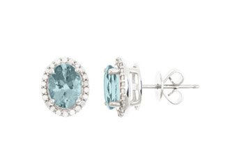 2.42 CARAT AQUAMARINE & DIAMOND STUD HALO EARRINGS OVAL SHAPE