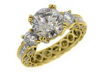4.5 CARAT WOMENS 3-STONE PAST PRESENT FUTURE DIAMOND RING ROUND CUT YELLOW GOLD