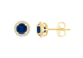 BLUE SAPPHIRE & ROUND DIAMOND STUD HALO EARRINGS 6mm 14KT YELLOW GOLD