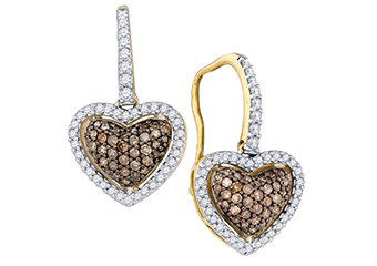 .64 CARAT HEART SHAPE BROWN CHAMPAGNE DIAMOND HALO DANGLE EARRINGS YELLOW GOLD