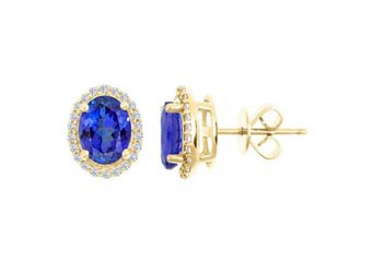 2.60 CARAT TANZANITE & DIAMOND STUD HALO EARRINGS OVAL SHAPE YELLOW GOLD