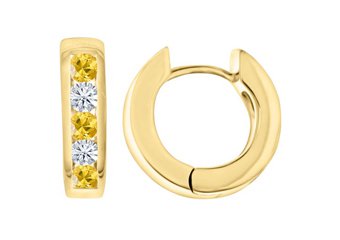 YELLOW SAPPHIRE & DIAMOND HOOP EARRINGS BRILLIANT ROUND CUT 14KT YELLOW GOLD