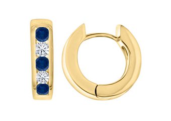BLUE SAPPHIRE & DIAMOND HOOP EARRINGS BRILLIANT ROUND CUT 14KT YELLOW GOLD
