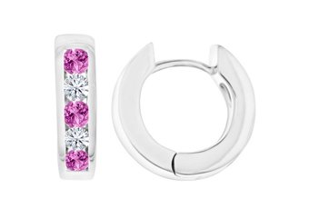 PINK SAPPHIRE & DIAMOND HOOP EARRINGS BRILLIANT ROUND CUT 14KT WHITE GOLD