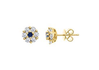 1 CARAT ROUND CUT DIAMOND & BLUE SAPPHIRE STUD EARRINGS 14KT YELLOW GOLD