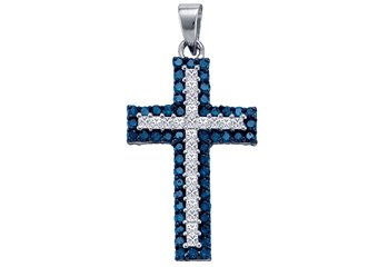 1.15 Carat Blue Diamond Cross Pendant Brilliant Round Cut White Gold