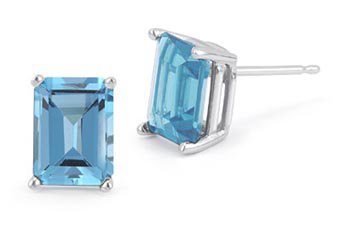 BLUE TOPAZ STUD EARRINGS EMERALD CUT 4x6mm 14KT WHITE GOLD DECEMBER BIRTH STONE