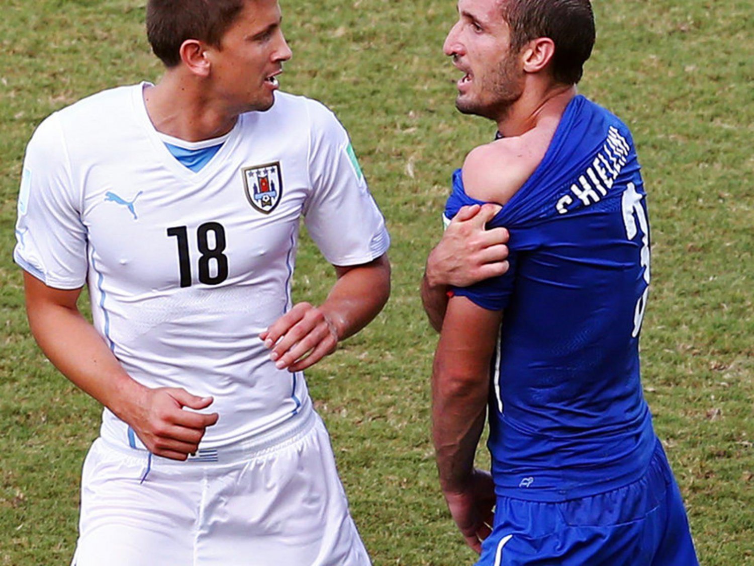 347 - 8 X 6 Photo - Football - FIFA World Cup 2014 - Chellini & Suarez