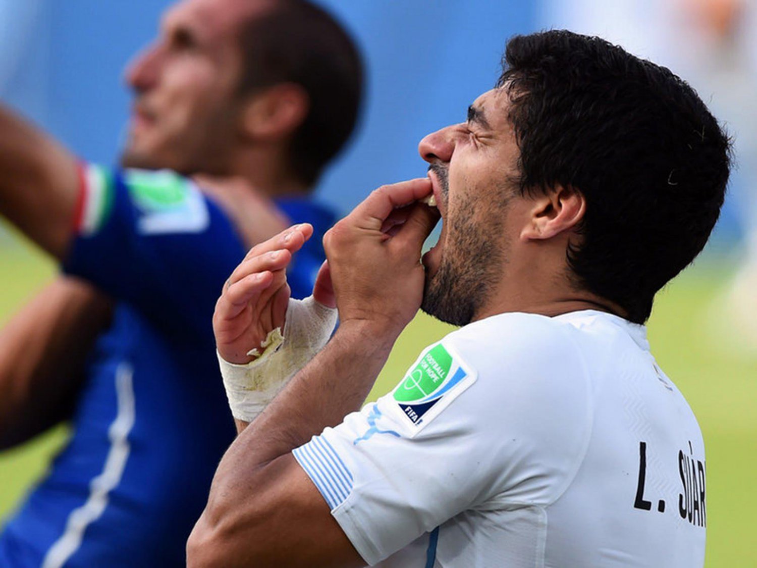 350 - 8 X 6 Photo - Football - FIFA World Cup 2014 - Chellini & Suarez