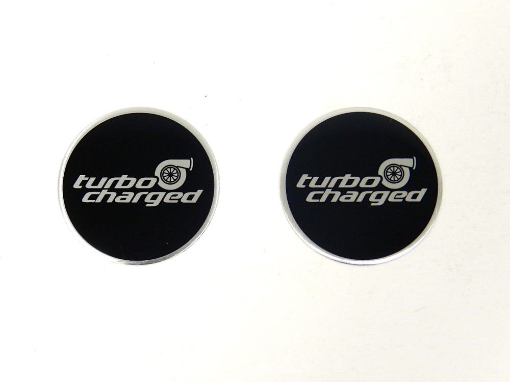 2 ROUND TURBOCHARGED ALUMINUM EMBLEMS BADGES RARE PAIR