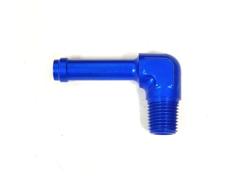 UNIVERSAL ALUMINUM 90 DEGREE 11/32" HOSE NIPPLE TO MALE 1/4" NPT FITTING BLUE