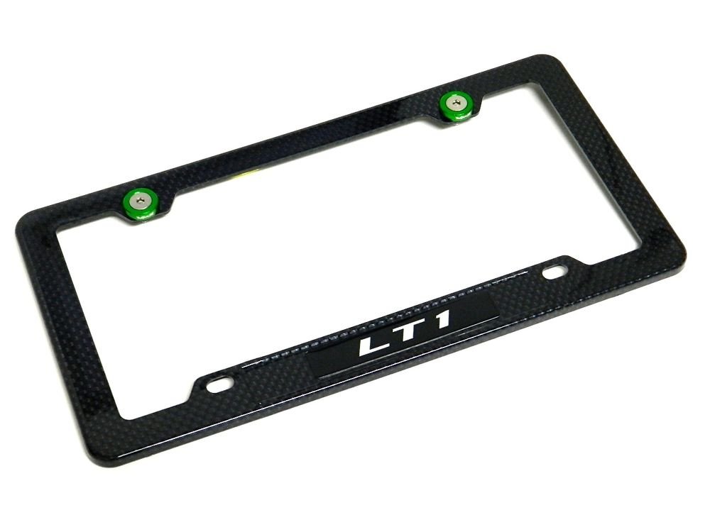 LT1 LT-1 CARBON FIBER LOOK LICENSE PLATE FRAME W/ 2 GREEN WASHERS & BOLTS