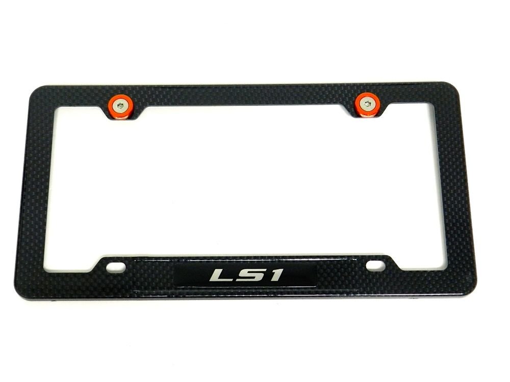 LS1 LS-1 CARBON FIBER LOOK LICENSE PLATE FRAME W/ 2 ORANGE WASHERS & BOLTS