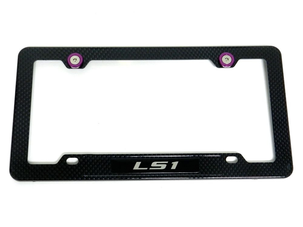 LS1 LS-1 CARBON FIBER LOOK LICENSE PLATE FRAME W/ 2 PURPLE WASHERS & BOLTS