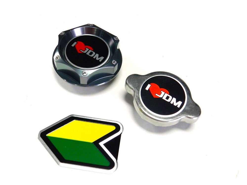 I LOVE JDM NISSAN INFINITI OIL FILLER RADIATOR CAP KIT W/ BEGINNER BADGE