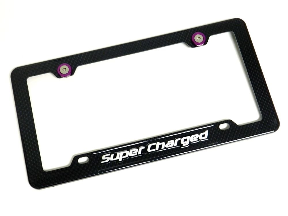 SUPERCHARGED CARBON FIBER LOOK LICENSE PLATE FRAME W/ 2 PURPLE WASHERS & BOLTS
