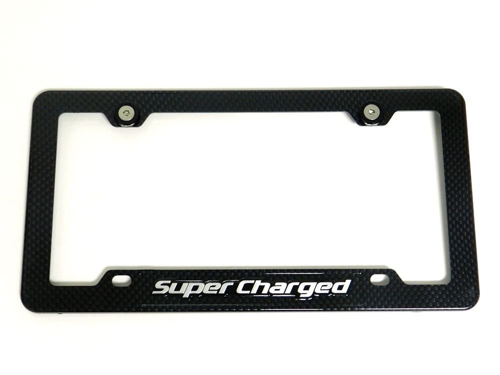 SUPERCHARGED CARBON FIBER LOOK LICENSE PLATE FRAME W/ 2 BLACK WASHERS & BOLTS