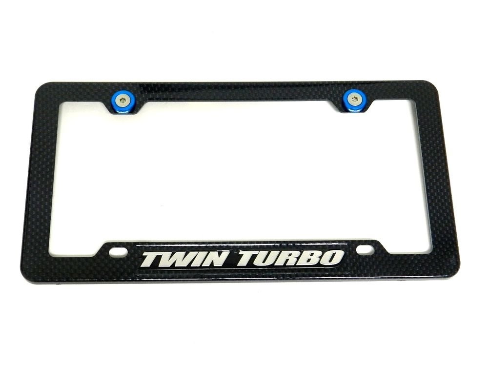 TWIN TURBO CARBON FIBER LOOK LICENSE PLATE FRAME W/ 2 BLUE WASHERS & BOLTS