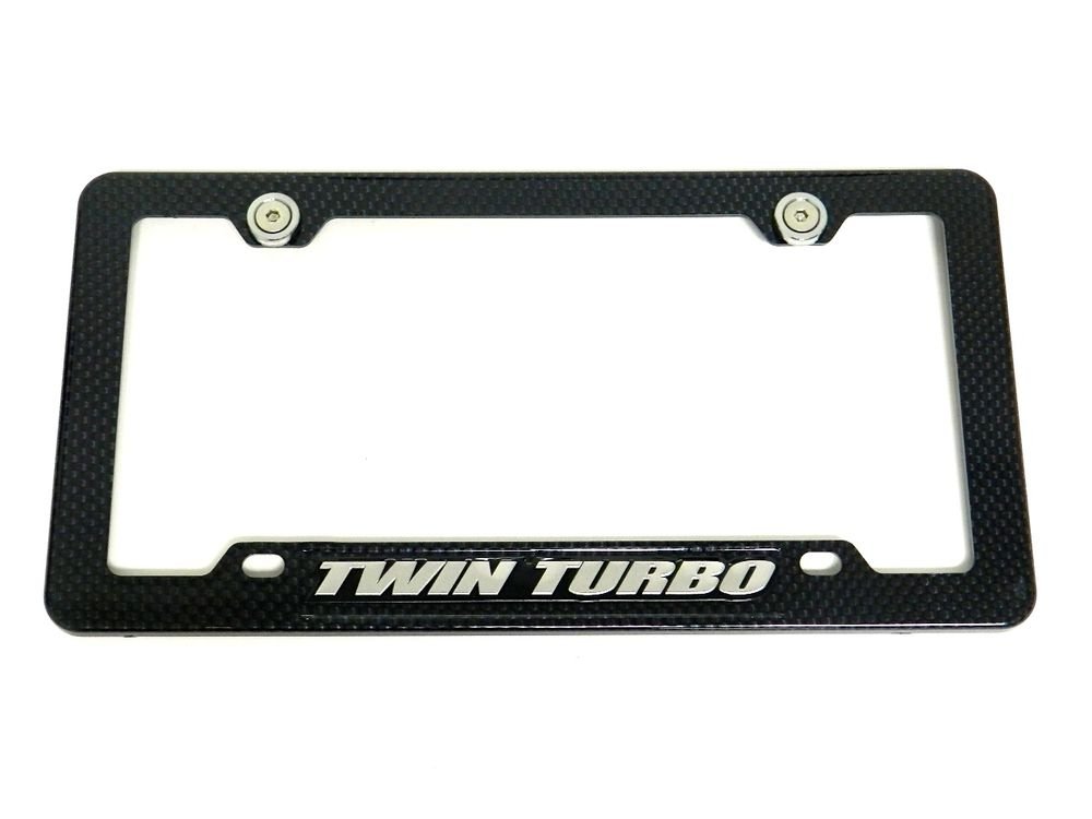 TWIN TURBO CARBON FIBER LOOK LICENSE PLATE FRAME W/ 2 GUNMETAL WASHERS & BOLTS