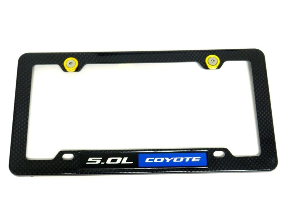 5.0L COYOTE CARBON FIBER LOOK LICENSE PLATE FRAME W/ 2 GOLD WASHERS & BOLTS BL