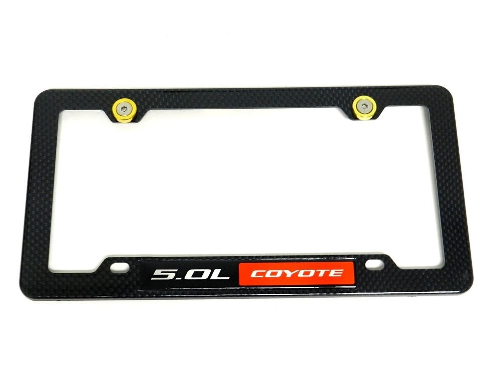 5.0L COYOTE CARBON FIBER LOOK LICENSE FRAME W/ 2 GOLD WASHERS & BOLTS RD