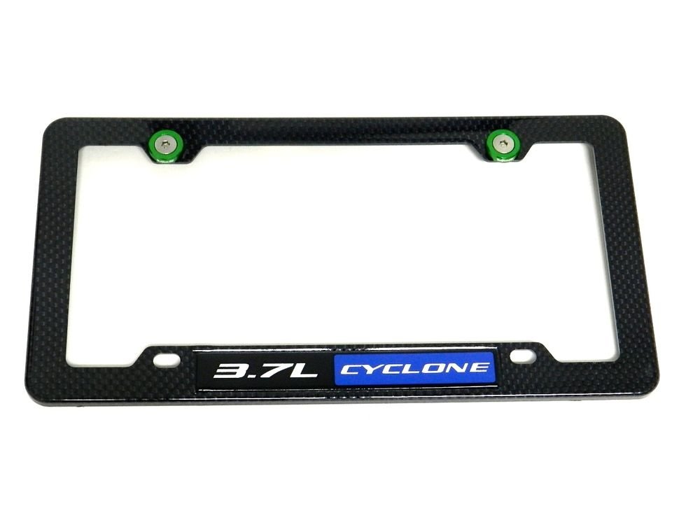 3.7L CYCLONE CARBON FIBER LOOK LICENSE PLATE FRAME W/ 2 GREEN WASHERS & BOLTS BL