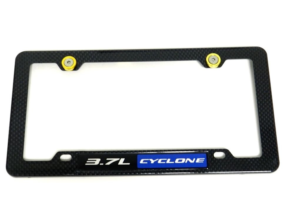 3.7L CYCLONE CARBON FIBER LOOK LICENSE PLATE FRAME W/ 2 GOLD WASHERS & BOLTS BL
