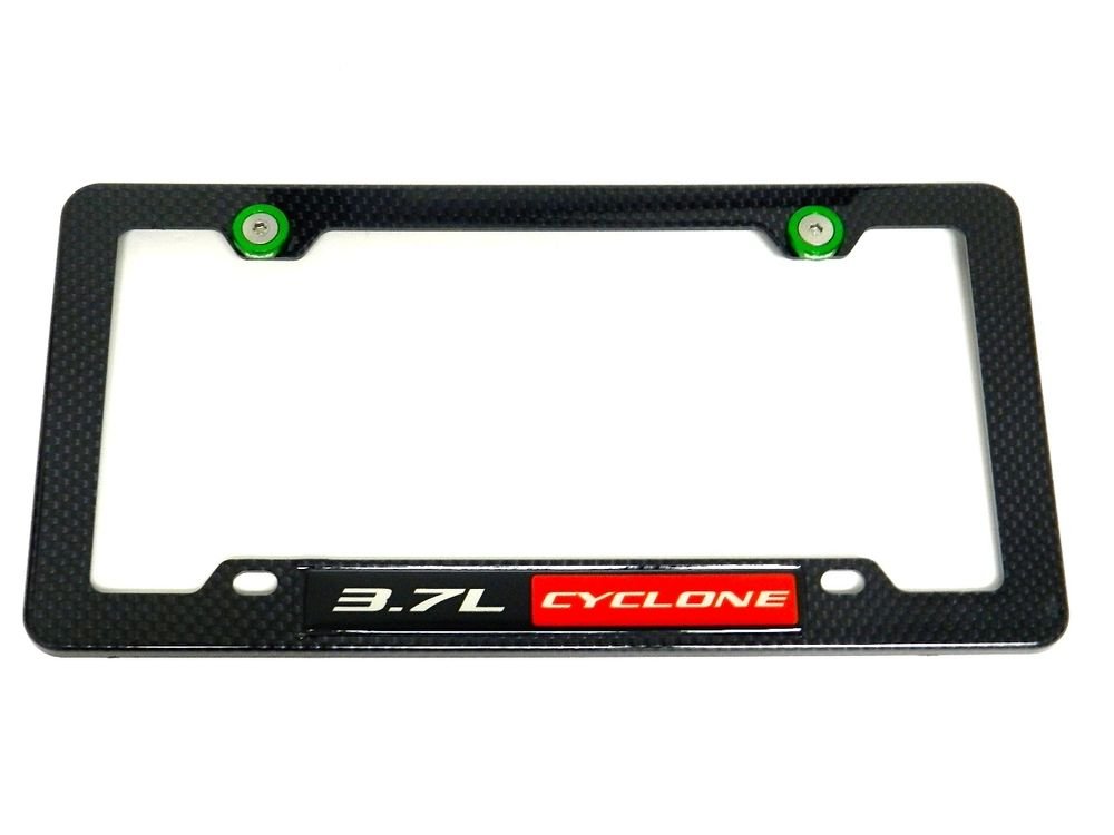 3.7L CYCLONE CARBON FIBER LOOK LICENSE PLATE FRAME W/ 2 GREEN WASHERS & BOLTS RD