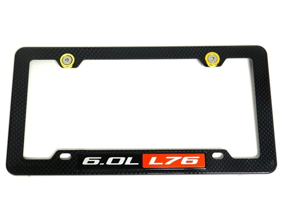 6.0L L76 CARBON FIBER LOOK LICENSE PLATE FRAME W/ 2 GOLD WASHERS & BOLTS