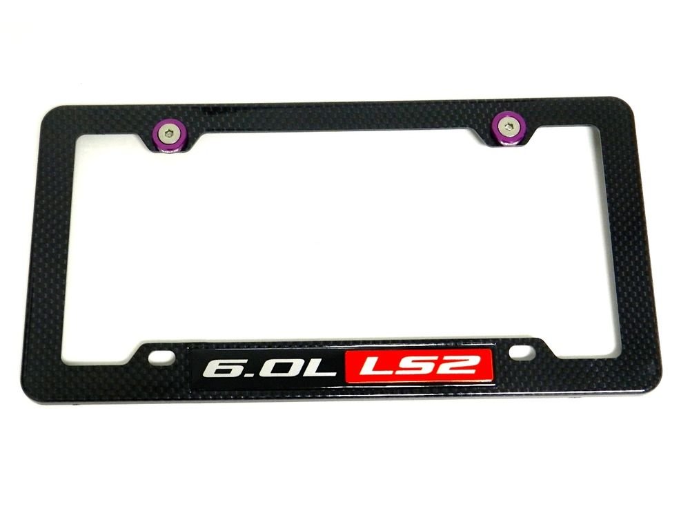 6.0L LS2 CARBON FIBER LOOK LICENSE PLATE FRAME W/ 2 PURPLE WASHERS & BOLTS