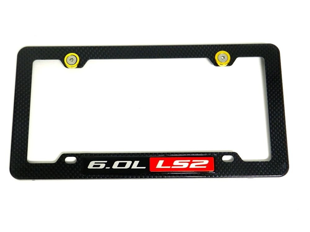 6.0L LS2 CARBON FIBER LOOK LICENSE PLATE FRAME W/ 2 GOLD WASHERS & BOLTS