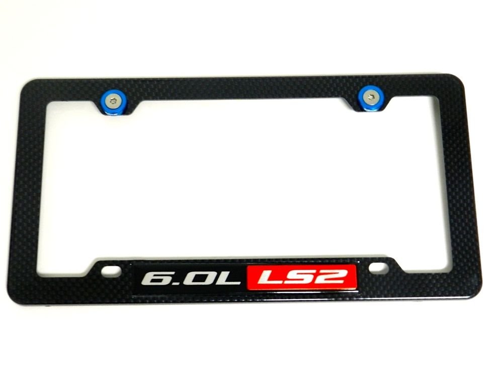 6.0L LS2 CARBON FIBER LOOK LICENSE PLATE FRAME W/ 2 BLUE WASHERS & BOLTS