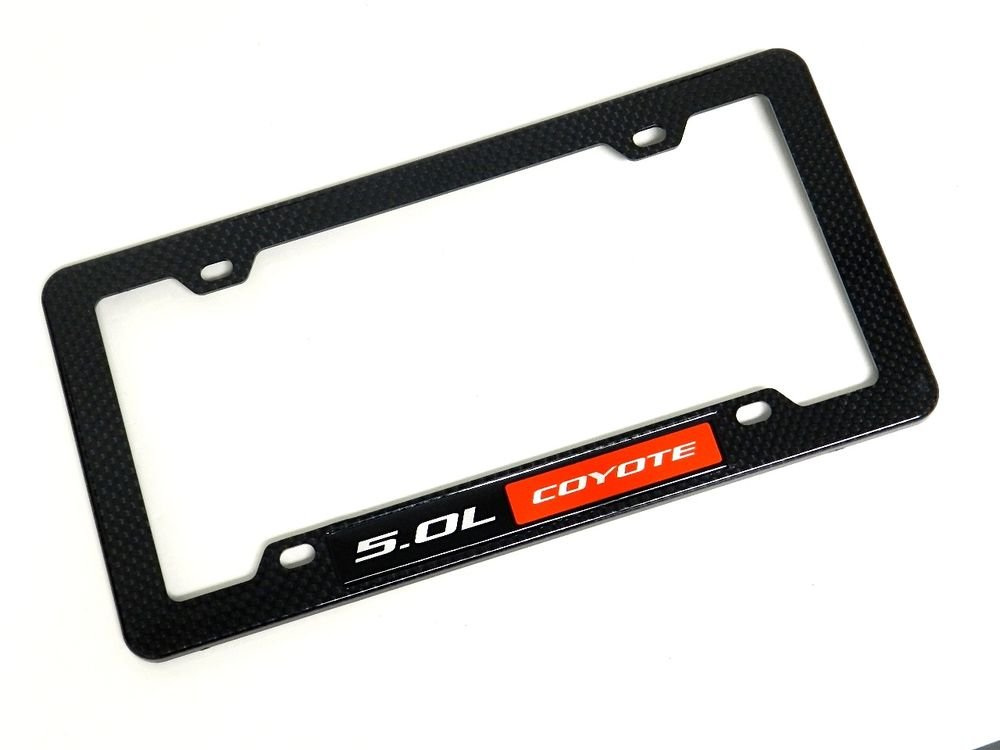 RED FORD 5.0L COYOTE ENGINE LICENSE PLATE TAG FRAME - CARBON FIBER LOOK
