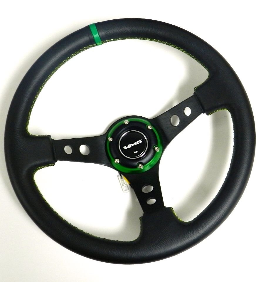VMS RACING UNIVERSAL 6-BOLT 350MM LEATHER GREEN DEEP DISH STEERING WHEEL E
