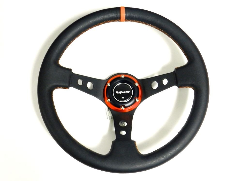 VMS RACING UNIVERSAL 6-BOLT 350MM LEATHER ORANGE DEEP DISH STEERING WHEEL C