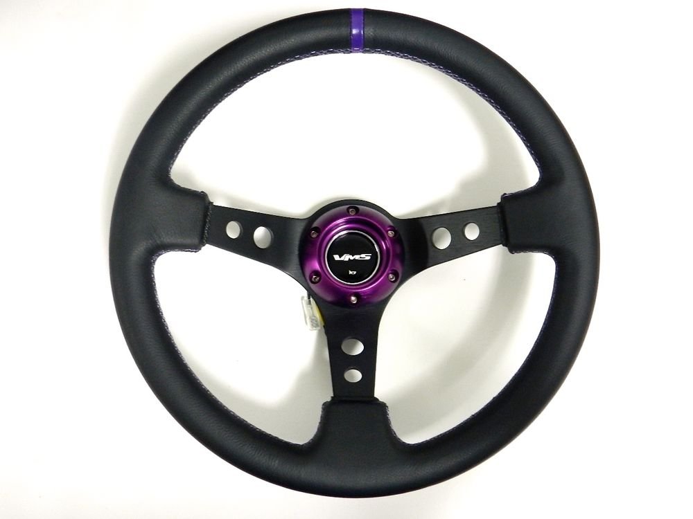 VMS RACING UNIVERSAL 6-BOLT 350MM LEATHER PURPLE DEEP DISH STEERING WHEEL B2