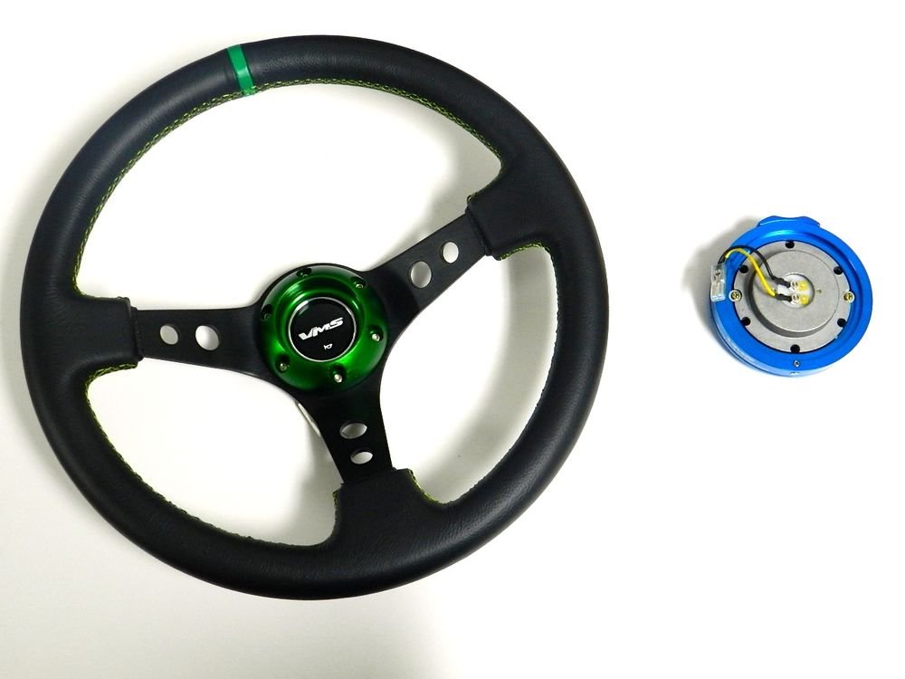 VMS RACING UNIVERSAL 6-BOLT GREEN STEERING WHEEL & BLUE QUICK RELEASE KIT C2