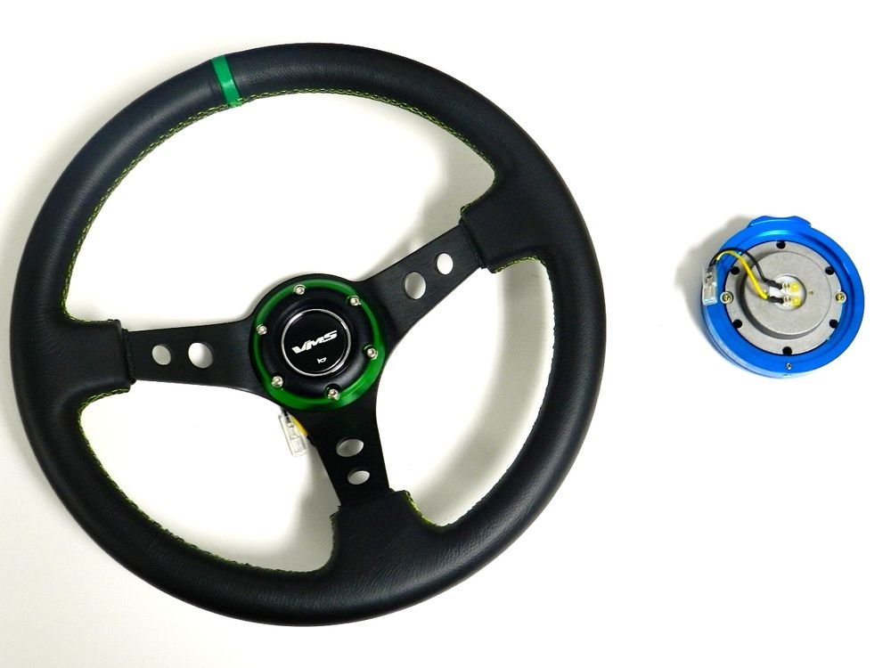 VMS RACING UNIVERSAL GREEN STEERING WHEEL & BLUE QUICK RELEASE KIT E