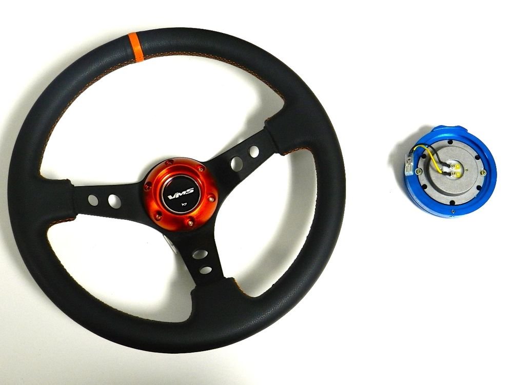 VMS RACING UNIVERSAL ORANGE STEERING WHEEL & BLUE QUICK RELEASE KIT E2