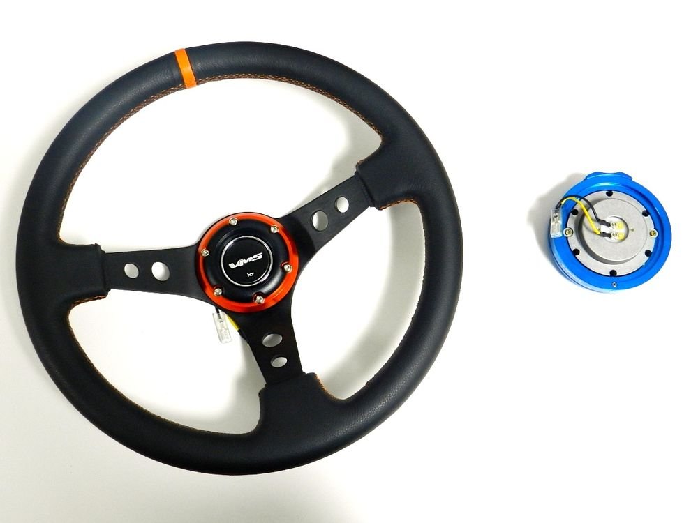 VMS RACING UNIVERSAL 6-BOLT ORANGE STEERING WHEEL & BLUE QUICK RELEASE KIT D