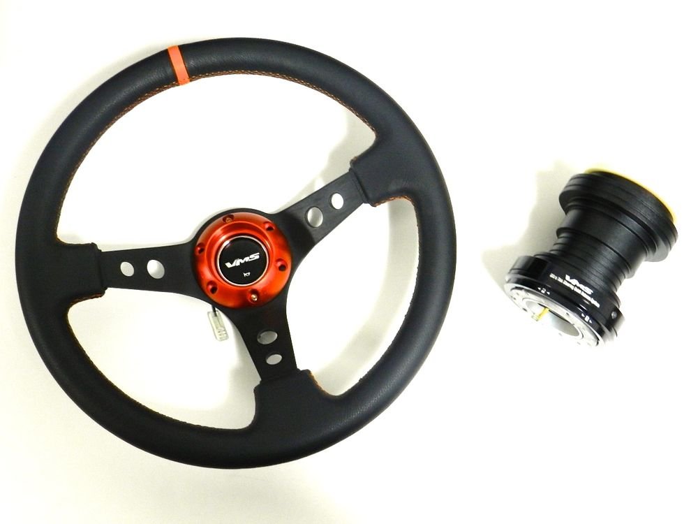 VMS ORANGE STEERING WHEEL & BLACK QUICK RELEASE HUB KIT FOR HONDA CIVIC EK B