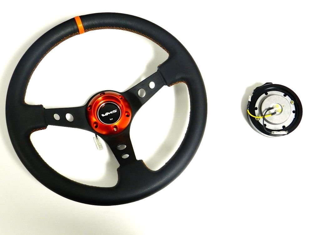 VMS RACING UNIVERSAL 6-BOLT ORANGE STEERING WHEEL & BLACK QUICK RELEASE KIT 2