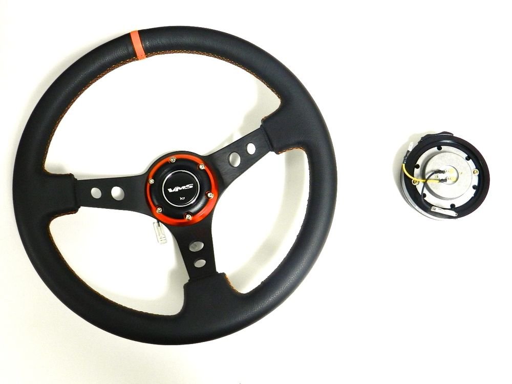 VMS RACING UNIVERSAL 6-BOLT ORANGE STEERING WHEEL & BLACK QUICK RELEASE KIT E