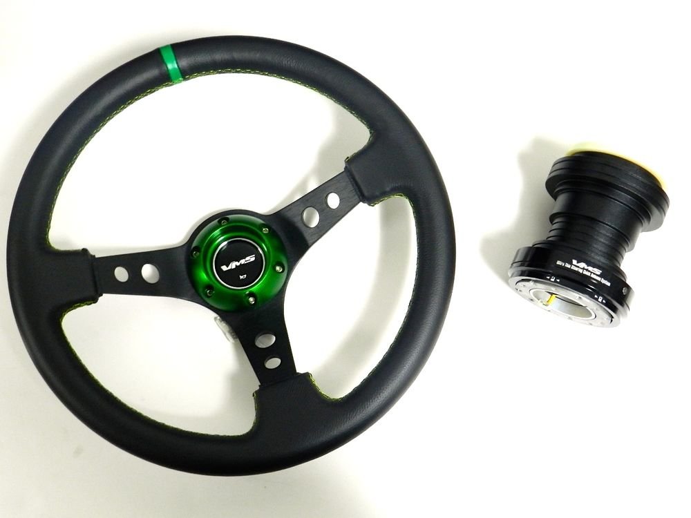 VMS GREEN STEERING WHEEL & BLACK QUICK RELEASE HUB KIT FOR HONDA CIVIC EK B