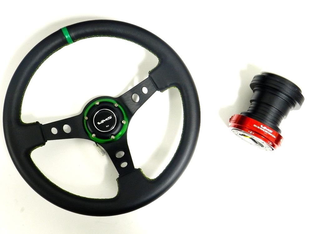 VMS GREEN STEERING WHEEL & RED QUICK RELEASE HUB KIT FOR HONDA CIVIC EK