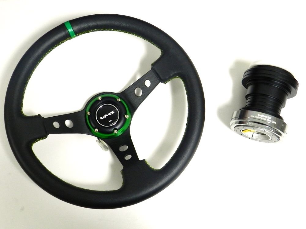 VMS GREEN STEERING WHEEL & GUNMETAL QUICK RELEASE HUB KIT FOR HONDA CIVIC EG